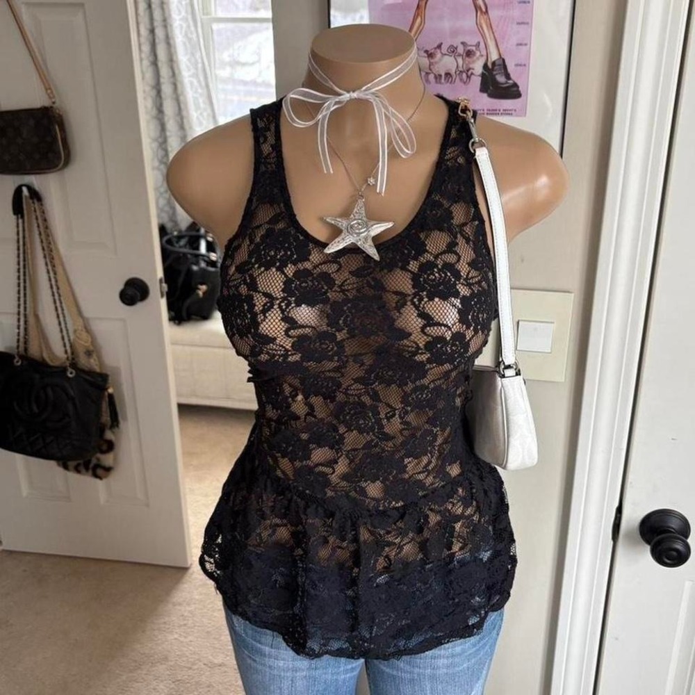 Y2K 2000s whimsygoth Black Sheer floral Lace Peplum Top